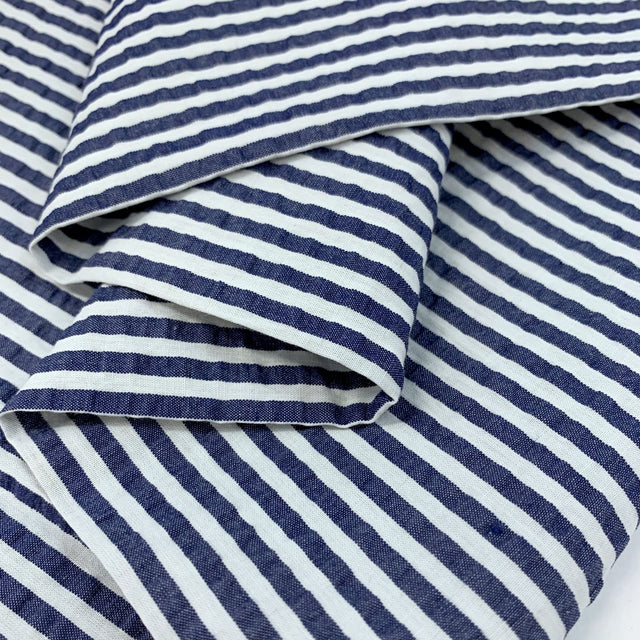 Henley Navy Stripe White Navy Stripe Cotton Seersucker Fabric Cu
