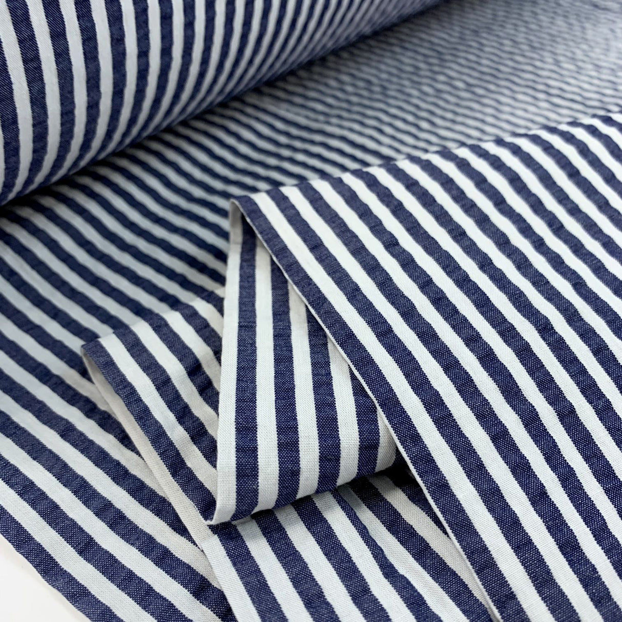 Henley Navy Stripe White Navy Stripe Cotton Seersucker Fabric R