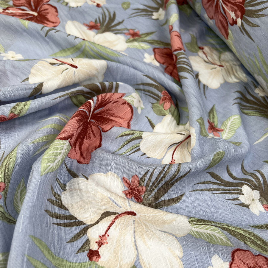 Hibiscus bay viscose blue floral pink slub weave white dress fabric cu
