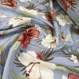 Hibiscus bay viscose blue floral pink slub weave white dress fabric cu