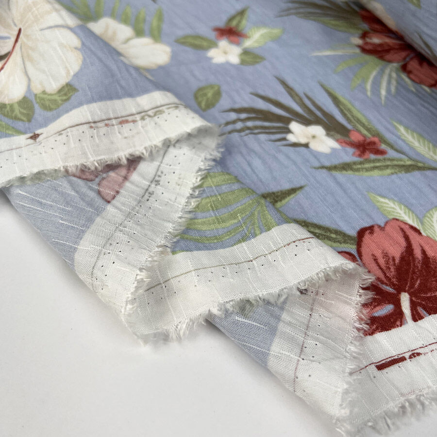 Hibiscus bay viscose blue floral pink slub weave white dress fabric fold