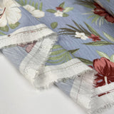 Hibiscus bay viscose blue floral pink slub weave white dress fabric fold