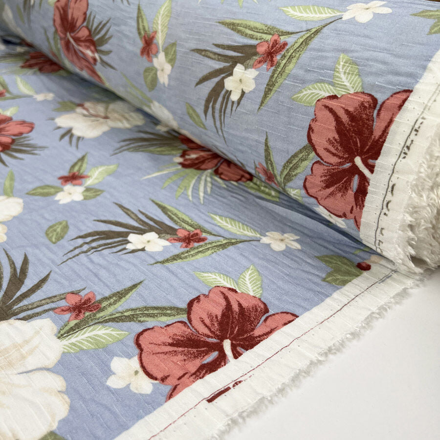 Hibiscus bay viscose blue floral pink slub weave white dress fabric roll