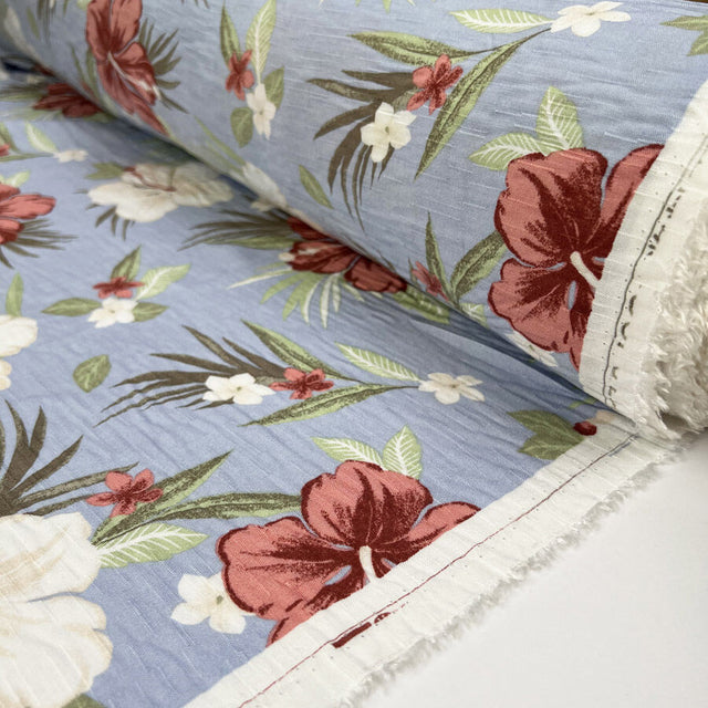 Hibiscus bay viscose blue floral pink slub weave white dress fabric roll