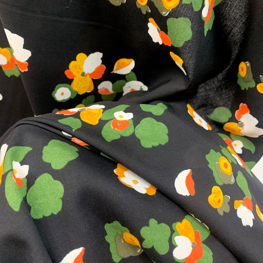High Twist Viscose Challis Fabric Floral Pop Black Close Up