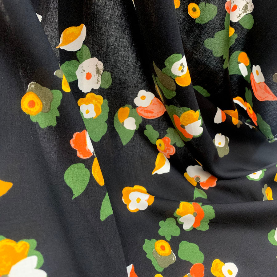 High Twist Viscose Challis Fabric Floral Pop Black Close Up2