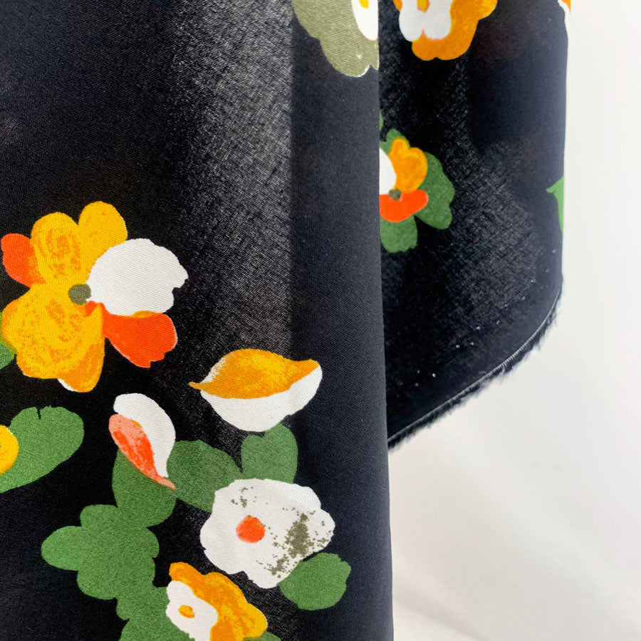 High Twist Viscose Challis Fabric Floral Pop Black Hang
