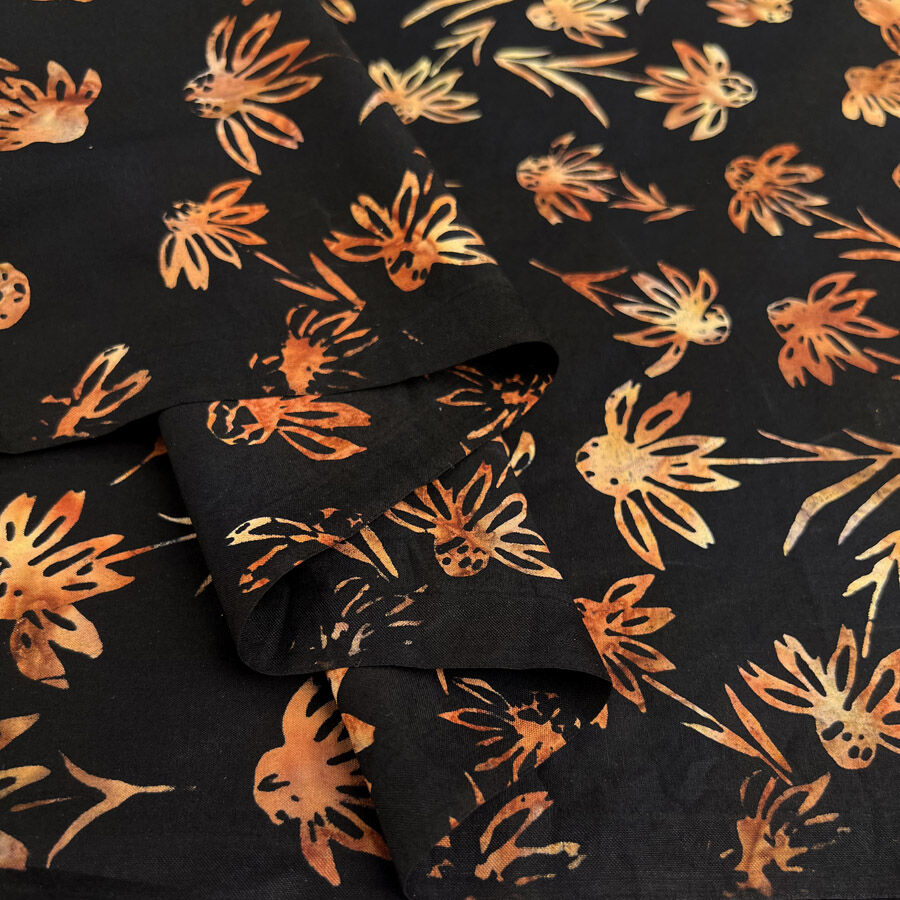 Hoffman Bali Cotton Lawn Nutmeg Indonesian Black Brown Floral Fabric Fold