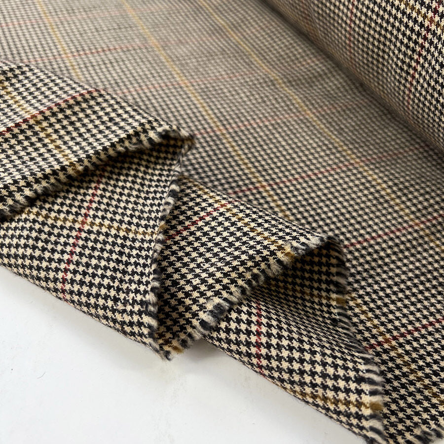 Hounded Wool Houndstooth Beige Black Check Yellow Red Fine Woven Suiting Fabric Fold