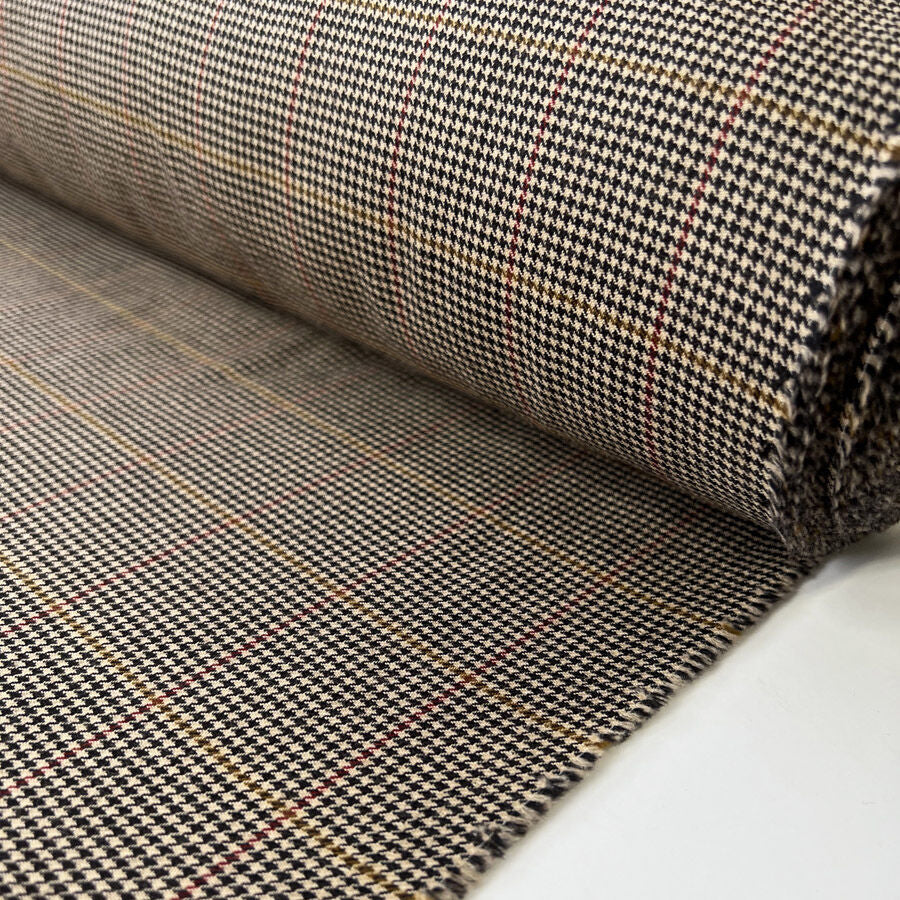Hounded Wool Houndstooth Beige Black Check Yellow Red Fine Woven Suiting Fabric Roll