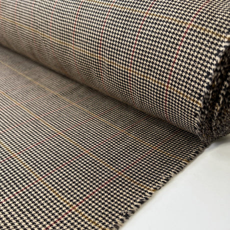 Hounded Wool Houndstooth Beige Black Check Yellow Red Fine Woven Suiting Fabric Roll