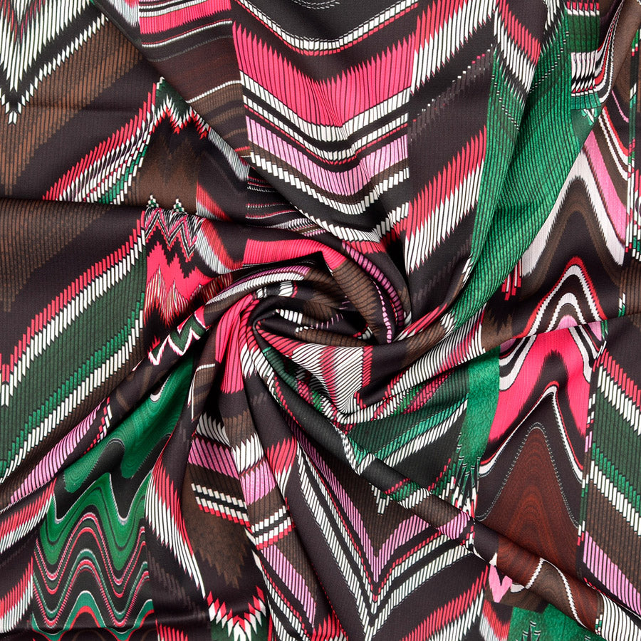 Idaho Polyester Satin Brown Pink Green Abstract Digitally Printed Dress Fabric Twist
