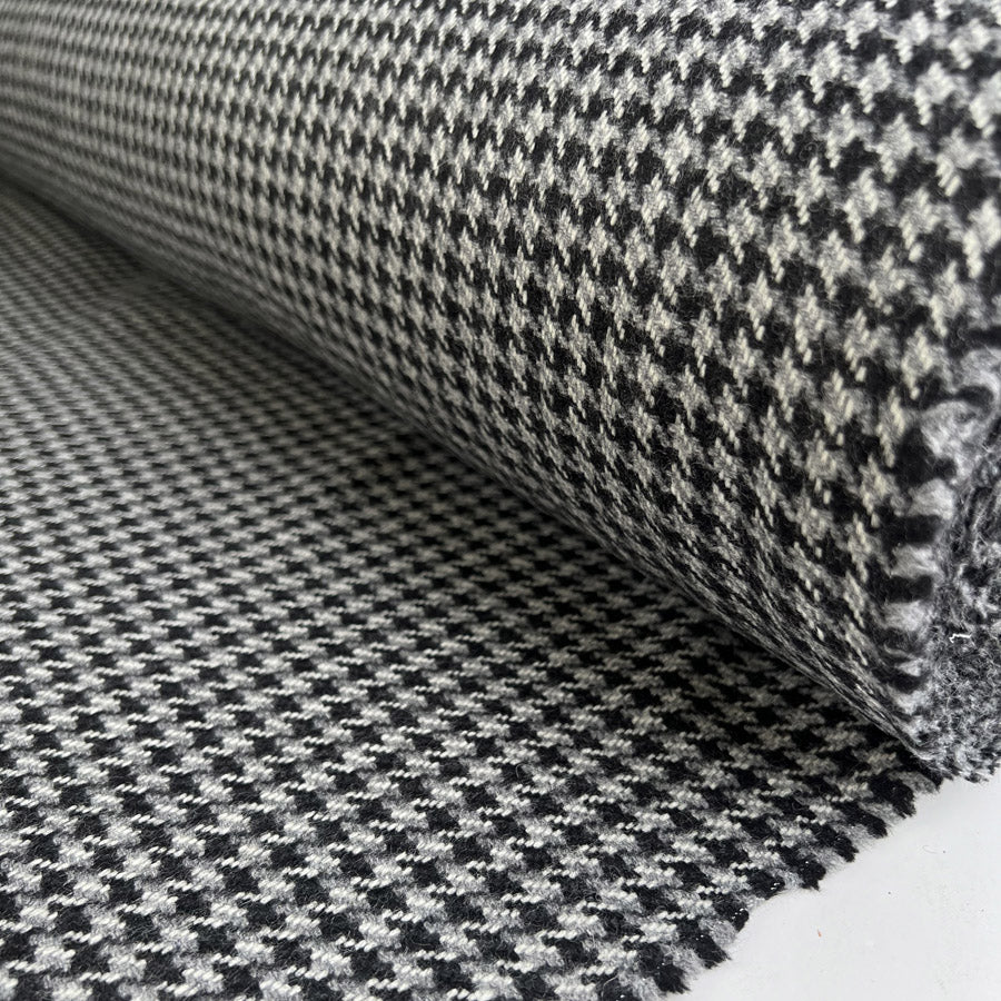 Ita Collection Bracco Tweed Wool Grey Black White Ex Designer Deadstock Houndstooth Check Coating Fabric Roll