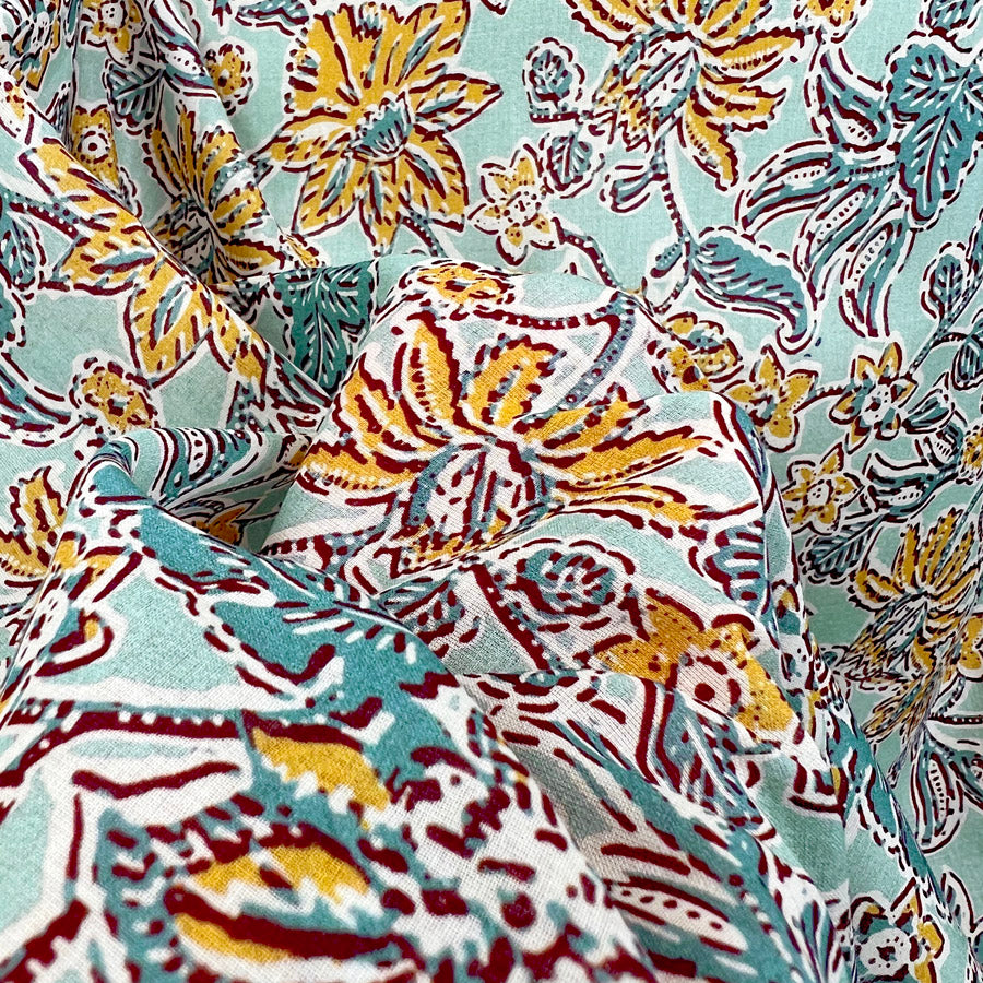 Italian Cotton Lawn Aqua Floral Print Dress Fabric Fiori Aqua