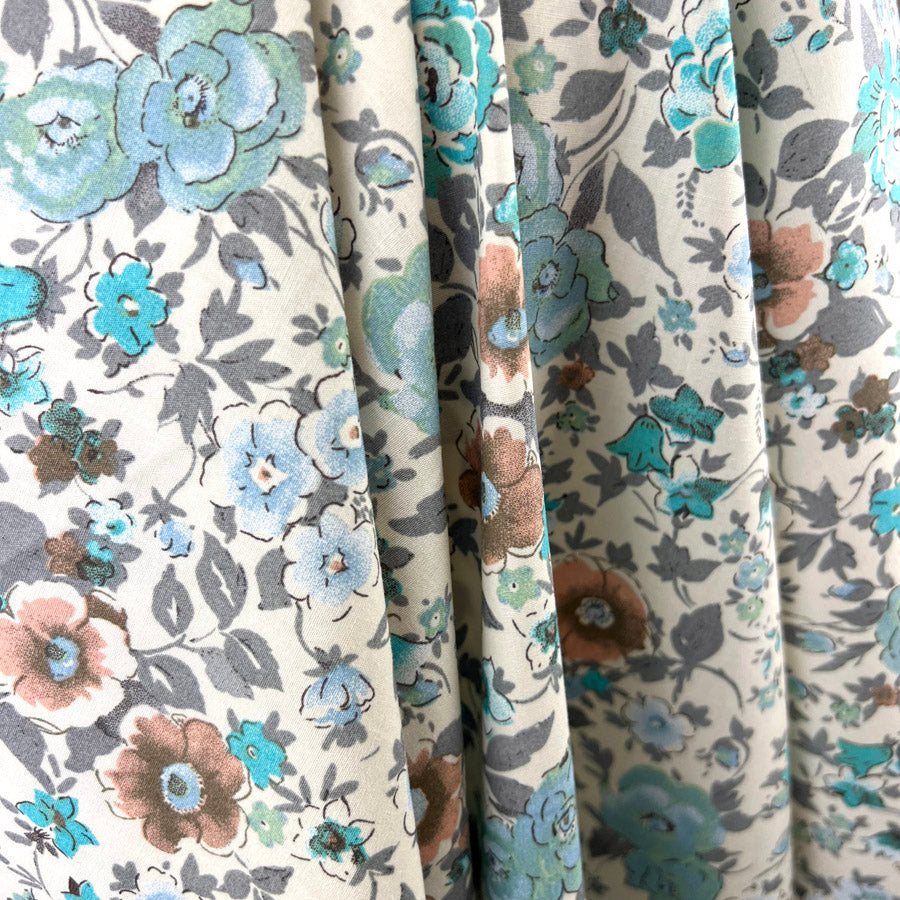 Italian Cotton Poplin Blue Floral Print Dress Fabric Vittoria