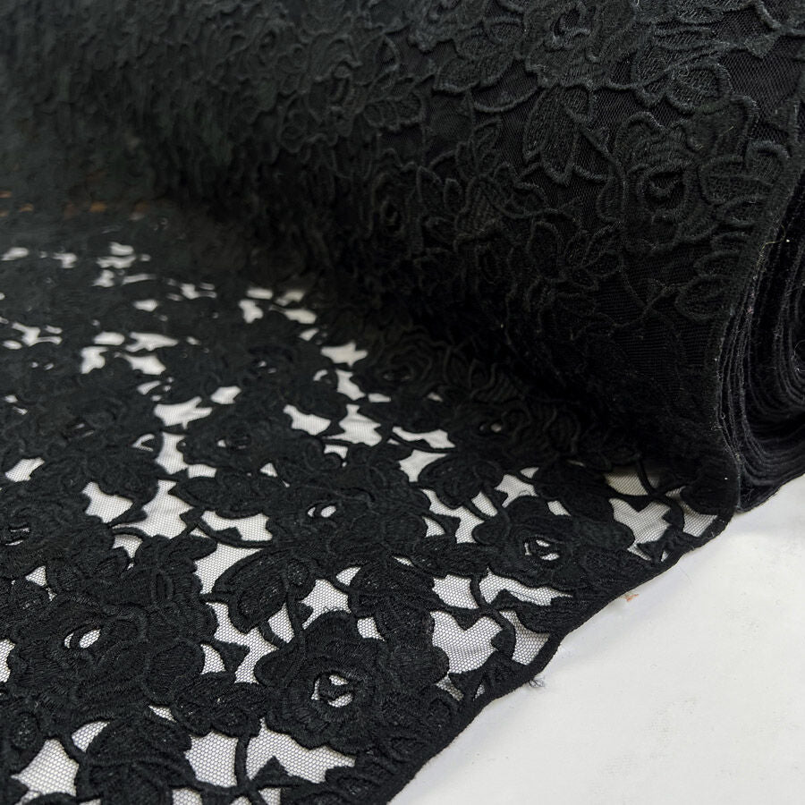 Italian Guipure Lace Black Floral Viscose Polyester Ex Designer Deadstock Structured Dress Fabric Face