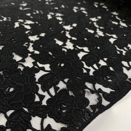 Italian Guipure Lace Black Floral Viscose Polyester Ex Designer Deadstock Structured Dress Fabric Face