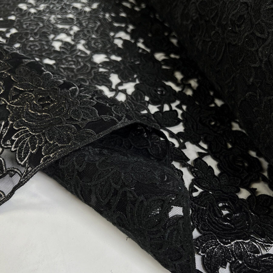 Italian Guipure Lace Black Floral Viscose Polyester Ex Designer Deadstock Structured Dress Fabric Fold