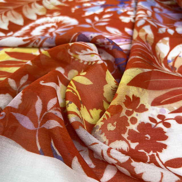 Italian Silk Chiffon Floral Fiamma Red Orange Yellow White Floral Leaf Print Ex Designer Deadstock Crinkle Sheer Dress Fabric