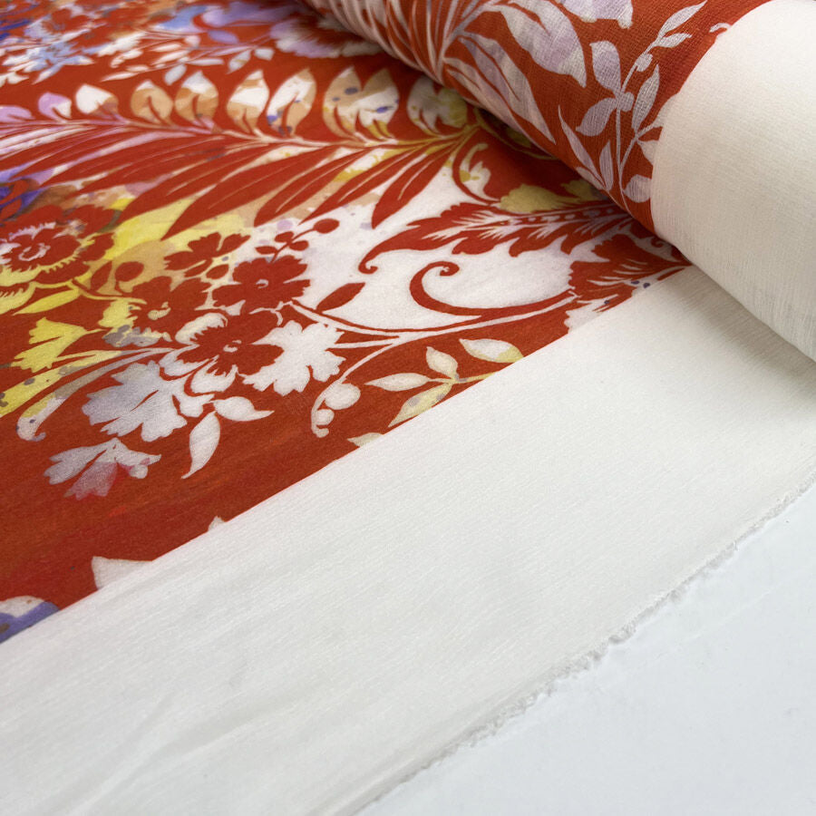 Italian Silk Chiffon Floral Fiamma Red Orange Yellow White Floral Leaf Print Ex Designer Deadstock Crinkle Sheer Dress Fabric Roll