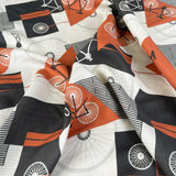 Italian Tencel Cycle Twill Orange Black Cream Bike Print Deadstock Dress Fabric
