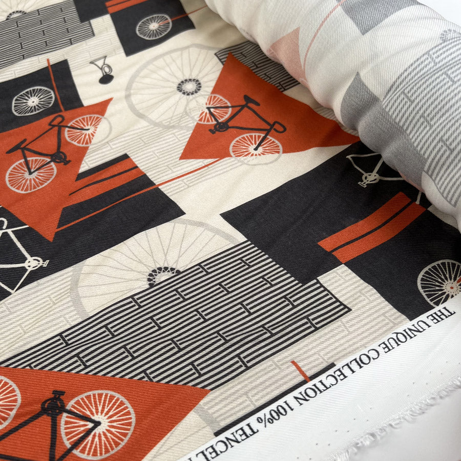 Italian Tencel Cycle Twill Orange Black Cream Bike Print Deadstock Dress Fabric Roll
