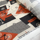 Italian Tencel Cycle Twill Orange Black Cream Bike Print Deadstock Dress Fabric Roll