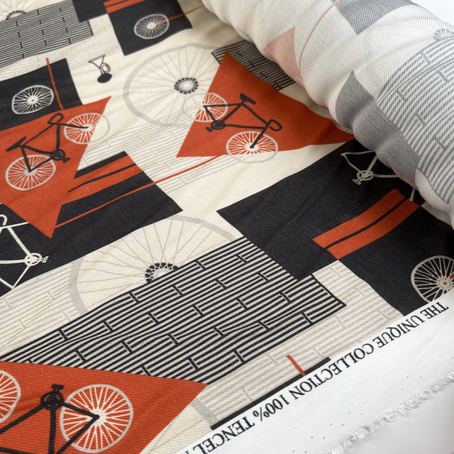 Italian Tencel Cycle Twill Orange Black Cream Bike Print Deadstock Dress Fabric Roll