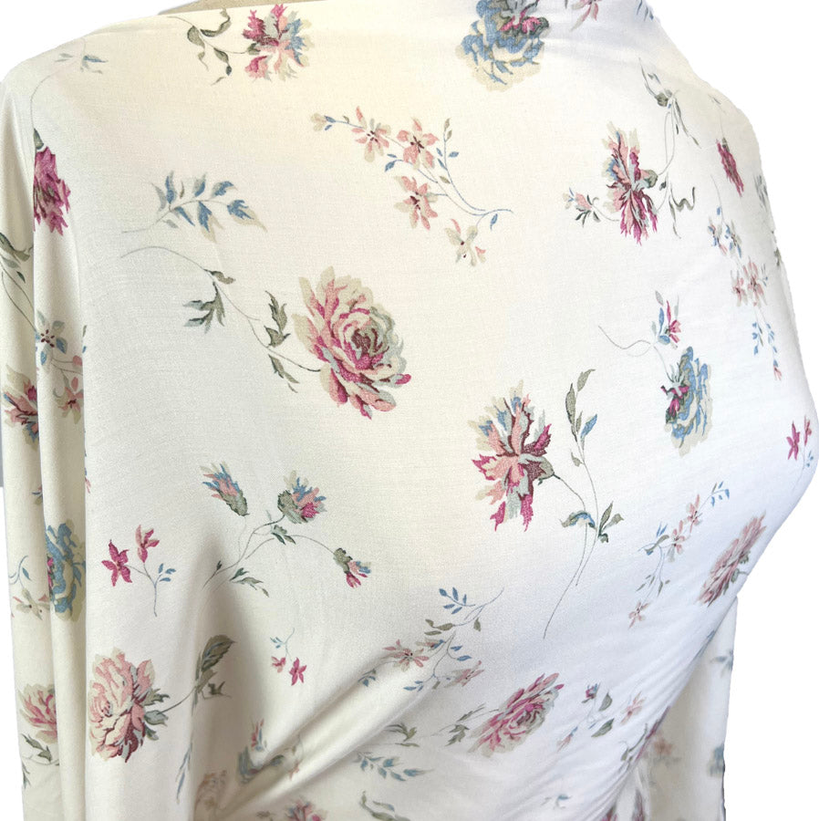 Ivory Floral Print Viscose Dress Fabric Challis Lauren Rose Side