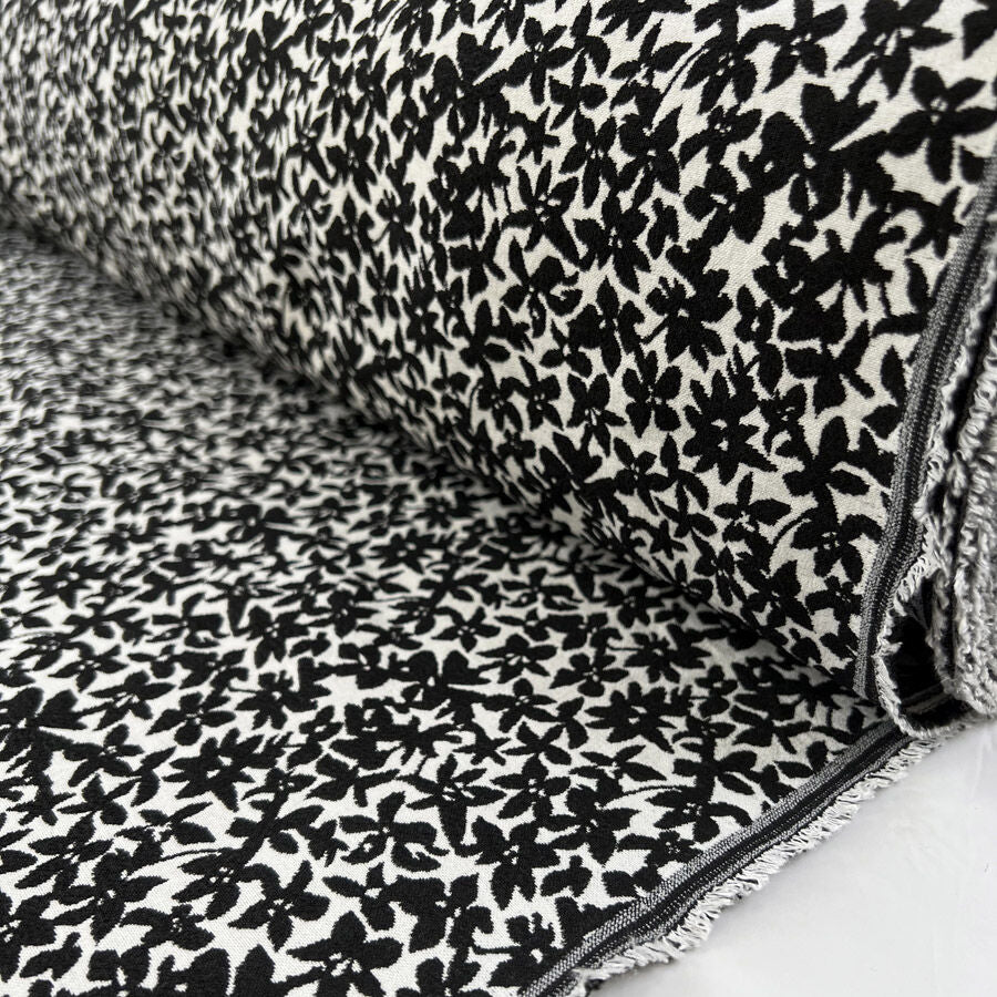 Jacquard Mono Flower Black White Floral Viscose Polyester Elastane Stretch Dress Fabric Roll