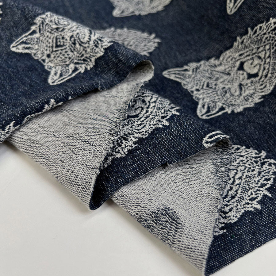 Jacquard Terry Lionsmane Looped Back Cotton Stretch Knit Denim White Fabric Fold