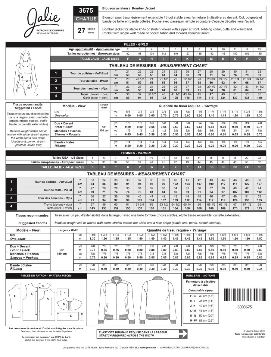Jalie Charlie Bomber Jacket Sewing Pattern Back Cover
