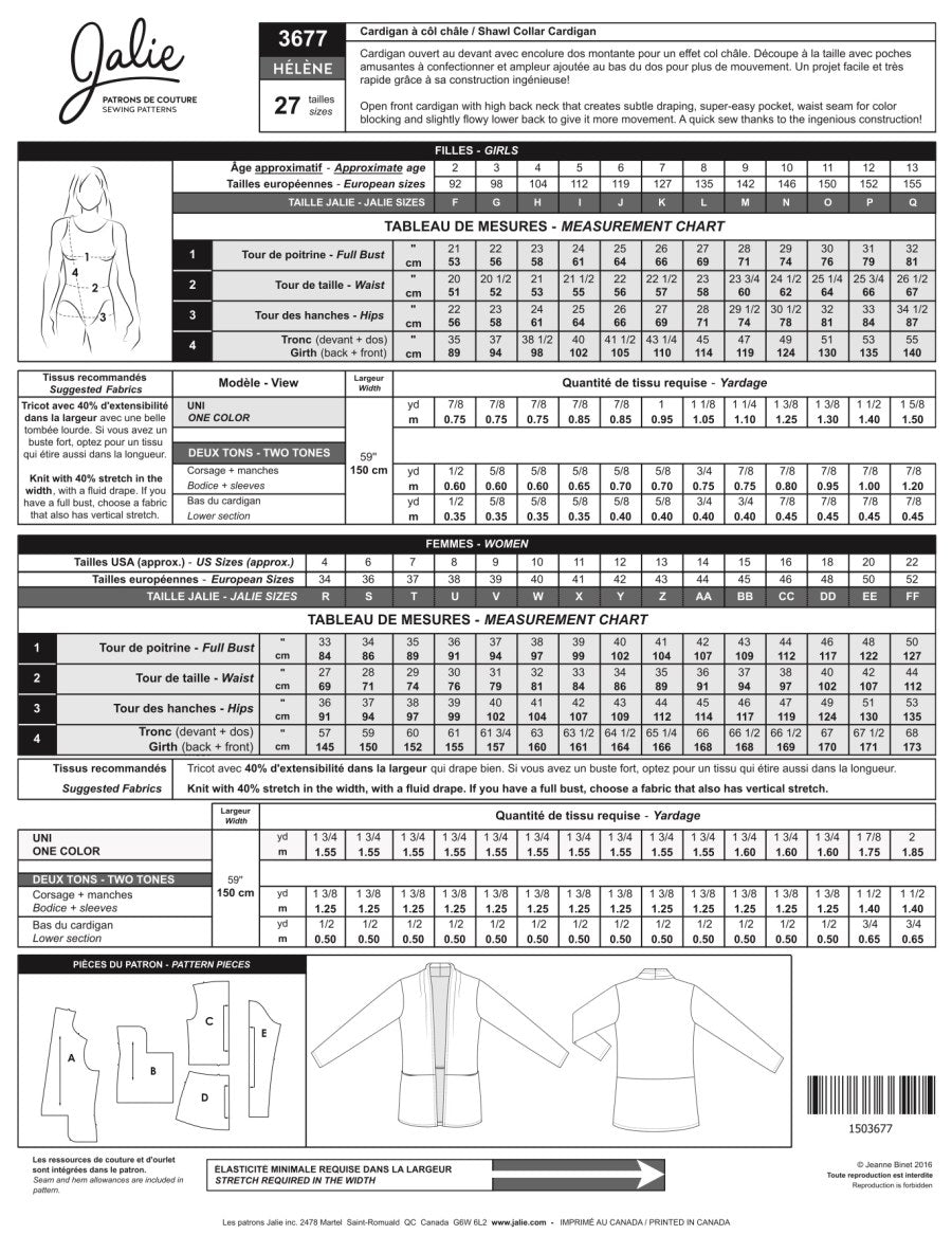 Jalie Helene Shawl Collar Cardigan Pattern Back