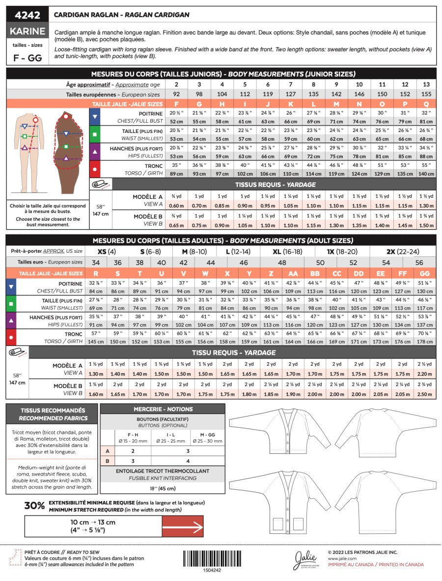 Jalie Karine Raglan Cardigan Pattern Back