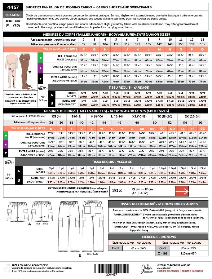 Jalie Roxanne Cargo Shorts Sweatpants Pattern Back