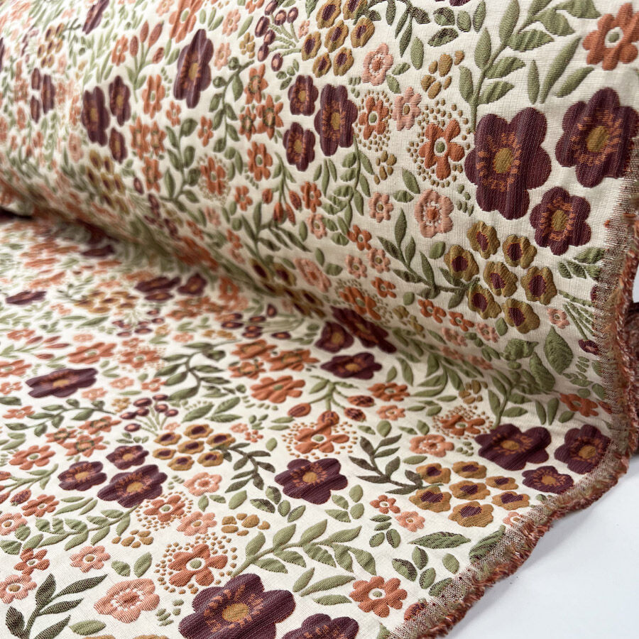 Jess Brocade Floral Polyester Cotton Olive Burgundy Pink Green Woven Dress Fabric