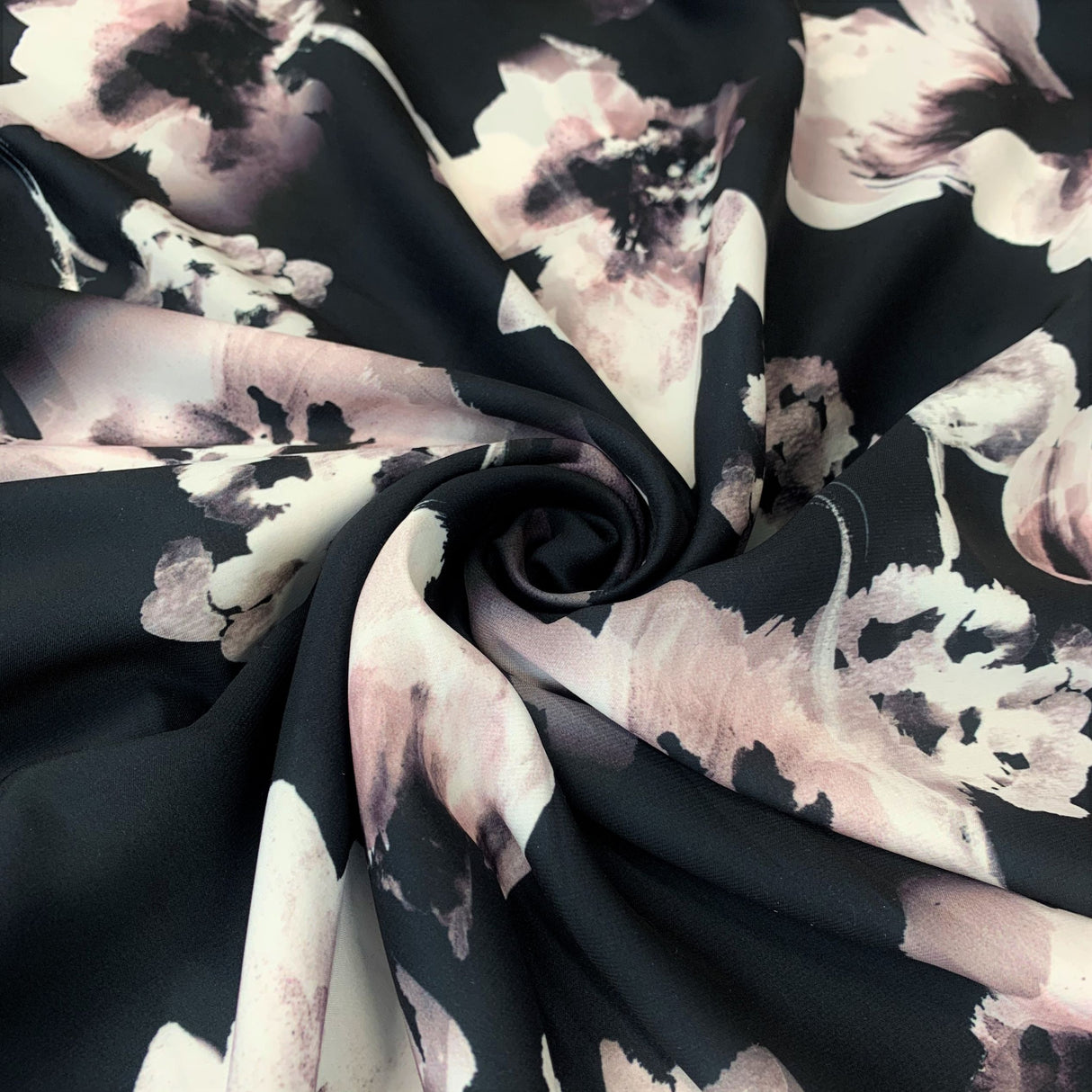 Jk Phoebe Digitally Printed Floral Grey Black Satin Dress Fabric Close Up Drape Fabric Photo 2