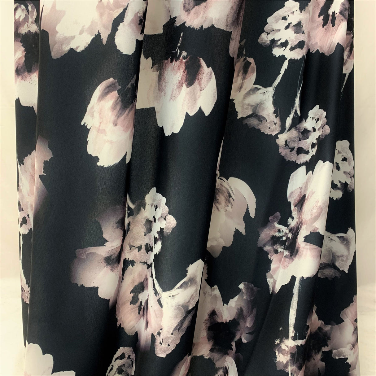 Jk Phoebe Digitally Printed Floral Grey Black Satin Dress Fabric Close Up Drape Manequin Dress Fabric Photo