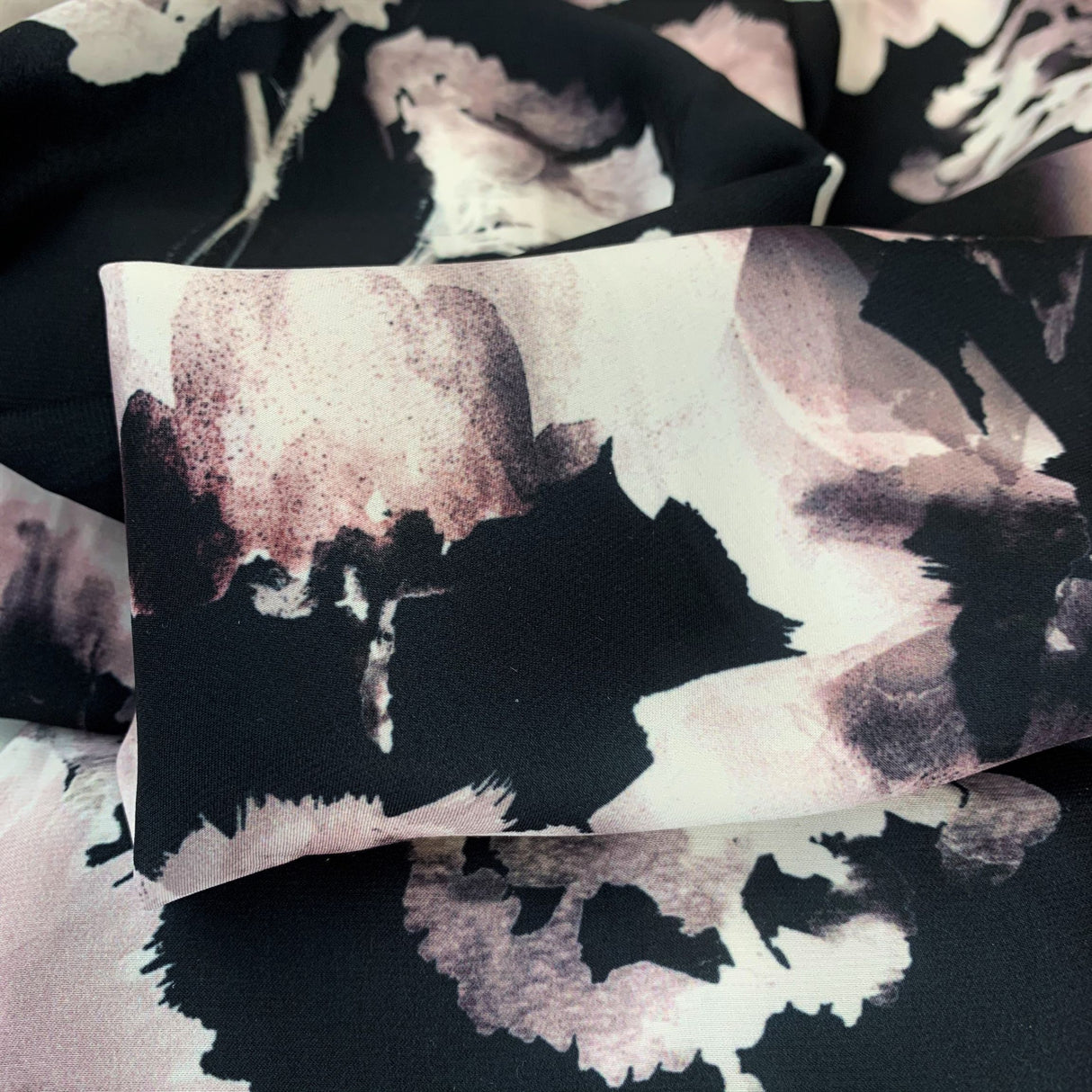 Jk Phoebe Digitally Printed Floral Grey Black Satin Dress Fabric Close Up Dress Fabric Photo