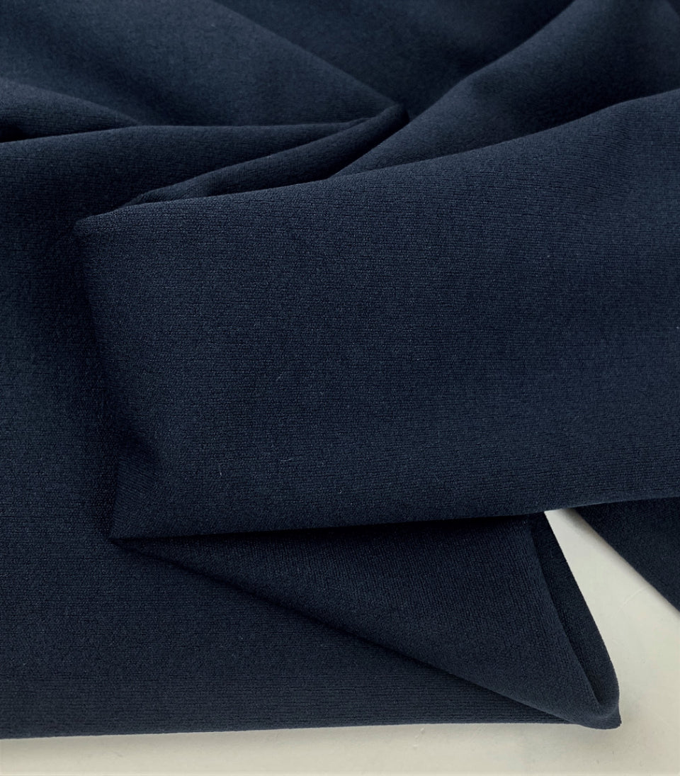 Jk Scuba Crepe Navy Polyester Scuba Knitted Stretch Crepe Fabric Close Up Maneqiun Drape Fabric Photo