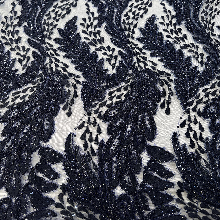Lacey Navy Polyamide Patterned Sequin Heavy Evening Wear Fabric