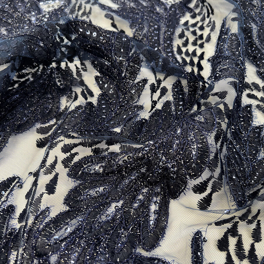 Lacey Navy Polyamide Patterned Sequin Heavy Evening Wear Fabric