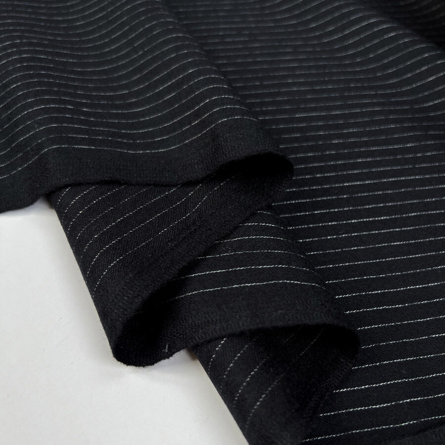 Ledger Wool Suiting Pinstripe Black White Fine Woven Fabric Fold