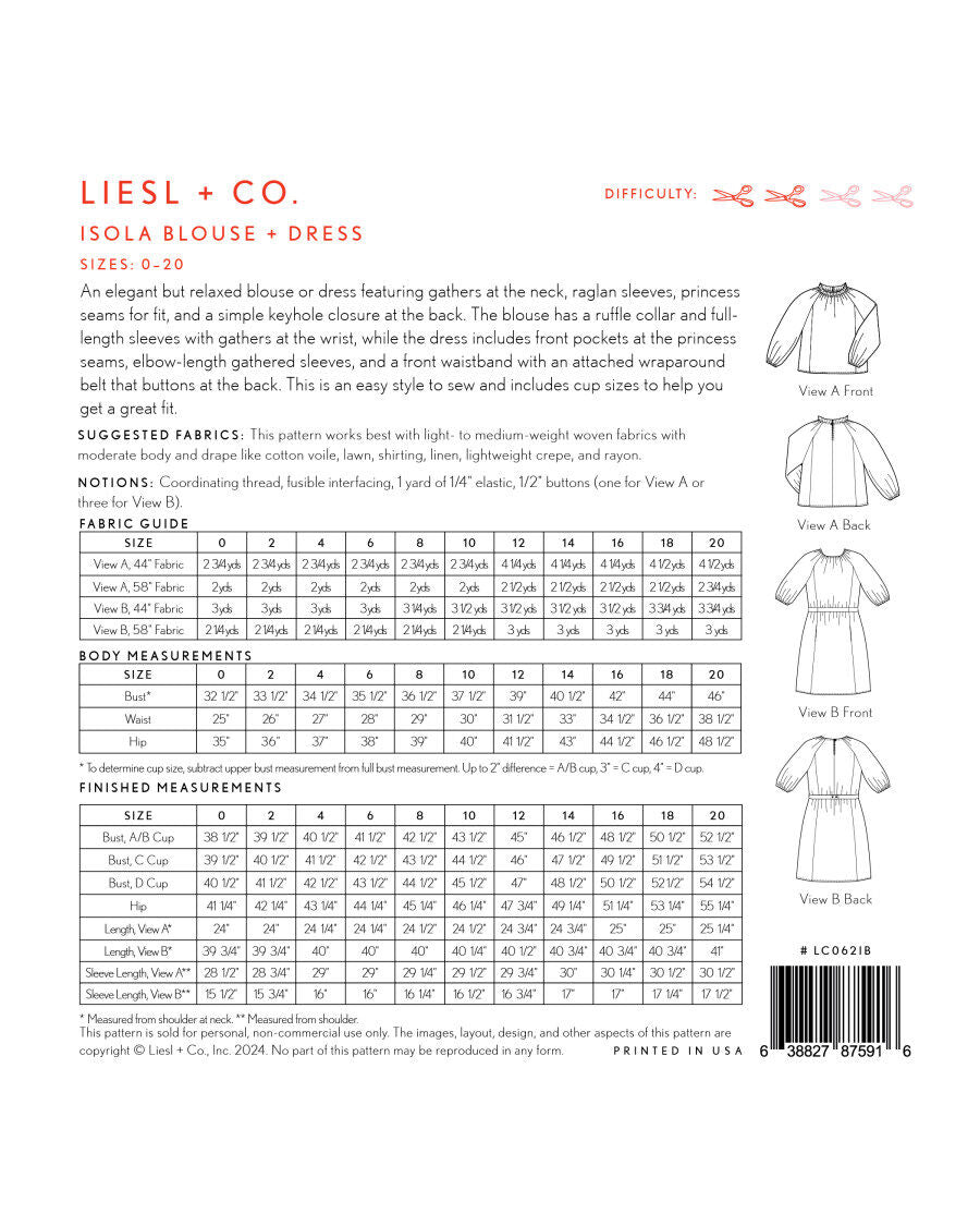 Liesl And Co Isola Blouse   Dress Pattern Back Cover