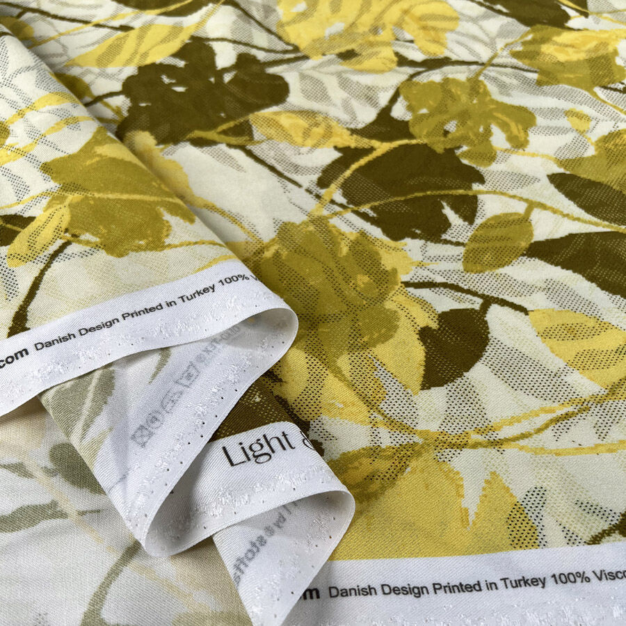 Light And Lush Honeyveil White Yellow Leaf Print Viscose Twill Turkish Fabric Fold