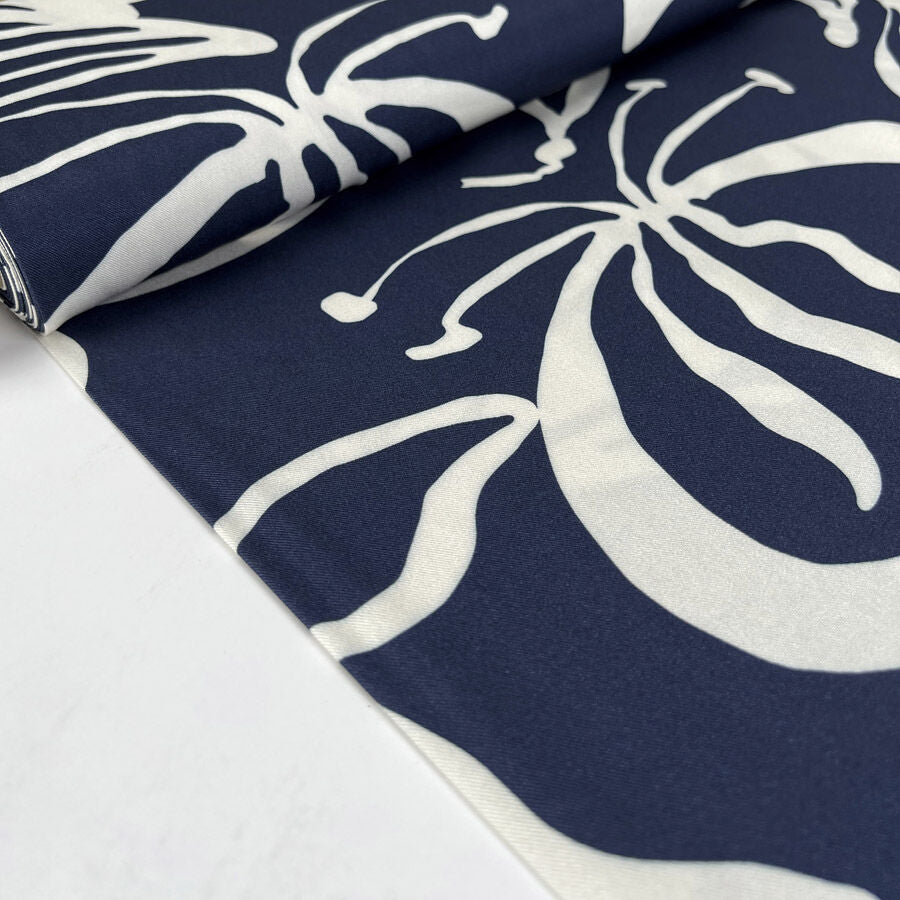 Light And Lush Inkflow Navy White Large Leaf Floral Print Viscose Twill Turkish Fabric Bolt