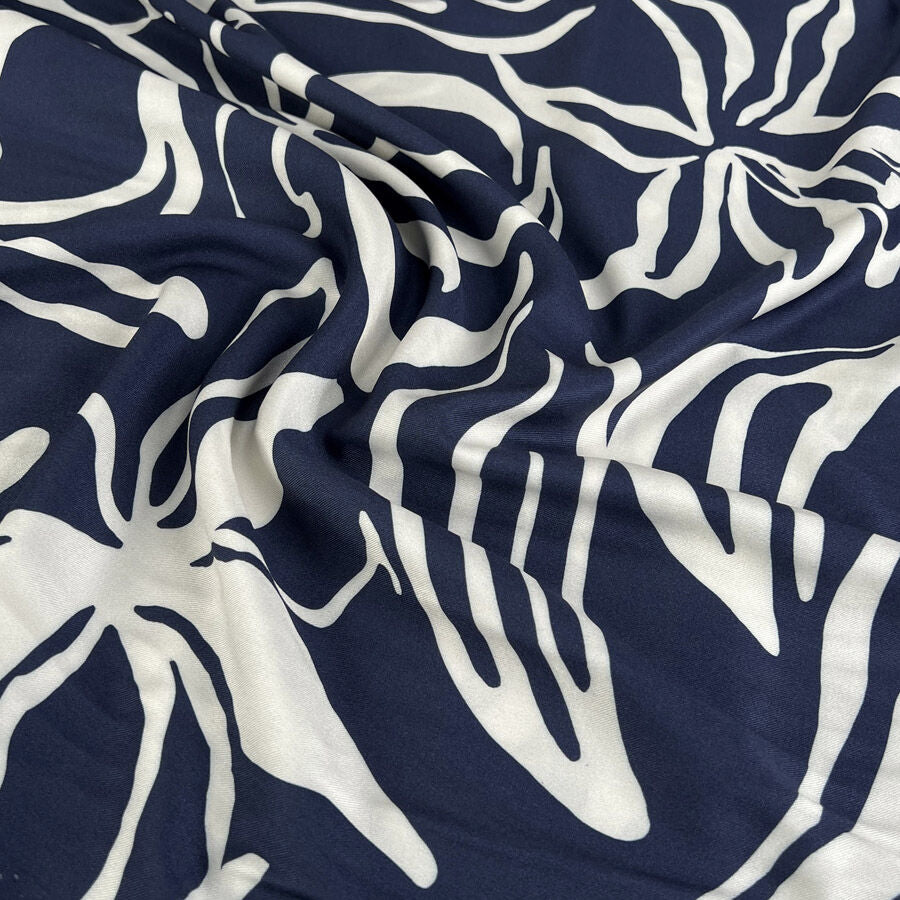 Light And Lush Inkflow Navy White Large Leaf Floral Print Viscose Twill Turkish Fabric