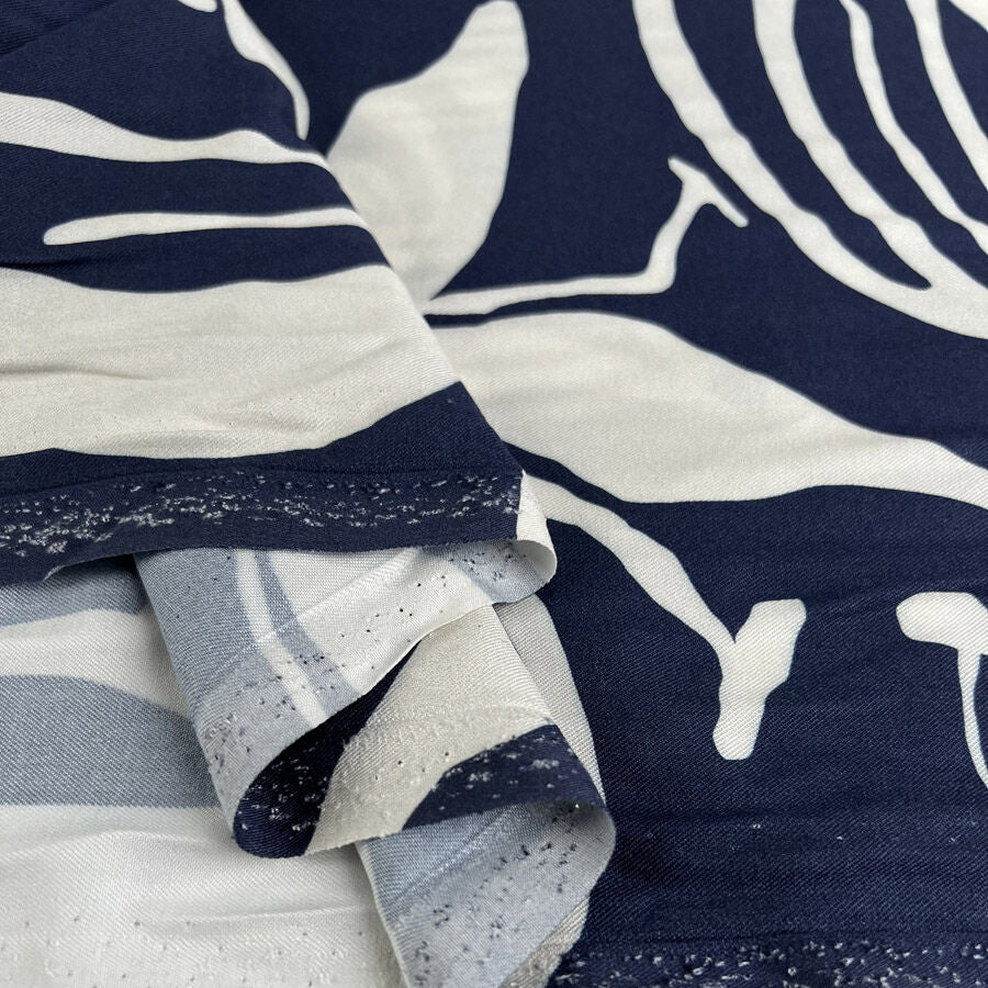 Light And Lush Inkflow Navy White Large Leaf Floral Print Viscose Twill Turkish Fabric Fold