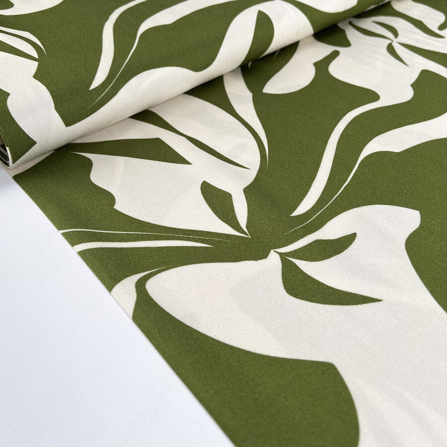 Light And Lush Wild Olive White Green Large Leaf Floral Print Viscose Twill Turkish Fabric Bolt
