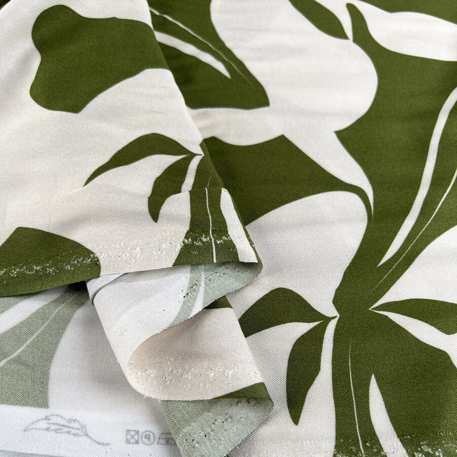 Light And Lush Wild Olive White Green Large Leaf Floral Print Viscose Twill Turkish Fabric Fold